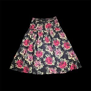 Vintage Black Floral Midi Skirt with red and purple roses